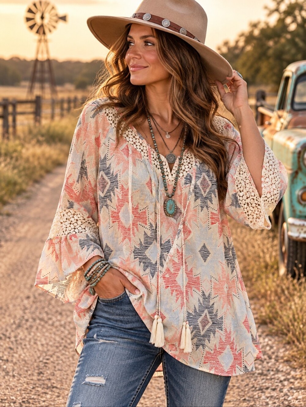 Cato NWT 18/20W Southwestern Boho Crochet Bell Sleeve Tunic Top